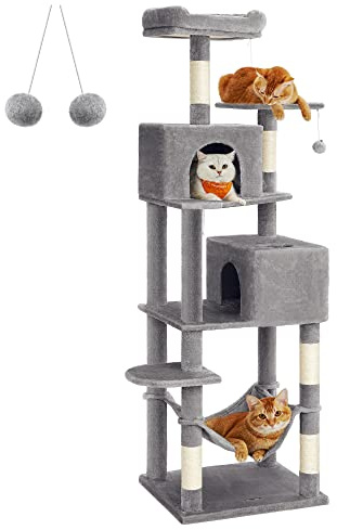 Feandrea Cat Tree, 191 cm Cat Tower for Indoor Cats, Plush Multi-Level Cat Condo with 5 Scratching Posts, 2 Caves, Hammock, 2 Pompoms, Light Grey PCT191W01
