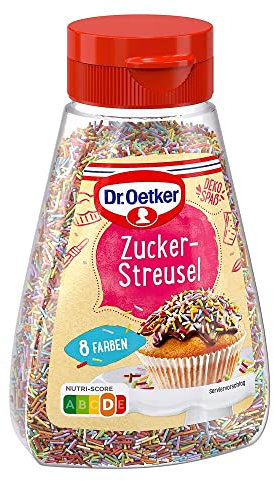Dr. Oetker Zucker Streusel, 130 g, bunte Streusel aus Zuckermasse, Streudekor zum Verzieren von Kuchen, Torten & Desserts, effektvolle Backdekoration, mit 8 Farben