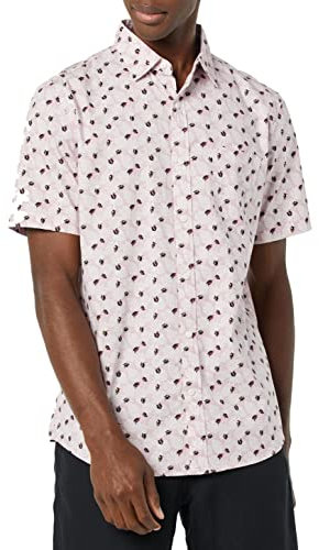 Amazon Essentials Camicia a Maniche Corte in Popeline Elasticizzato (Disponibile in Taglie Extra Forti) Uomo, Rosa Chiaro Stampa Foglie di Palma, XS