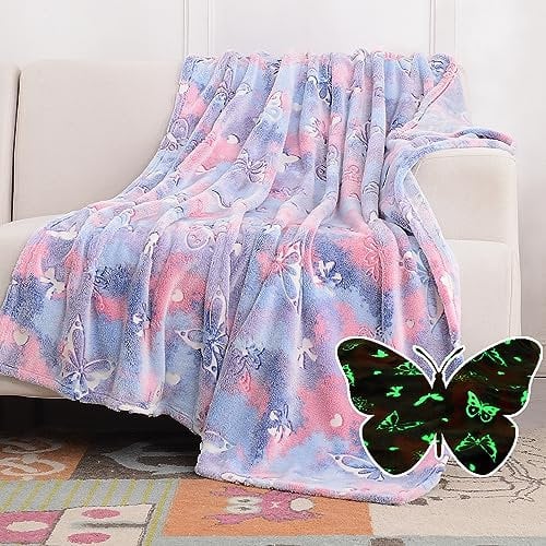 SOCHOW Glühen im Dunkeln Decke 127 x 150 cm, Schmetterling Muster Flanell Fleecedecke, Violett Ganzjahresdecke für Kinder