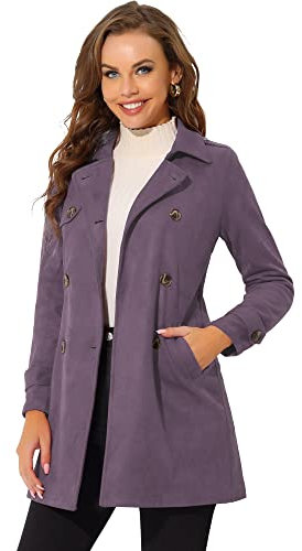 Allegra K Women's Notched Lapel Double Breasted Faux Suede Trench Coat Jacket with Belt Grey Purple M