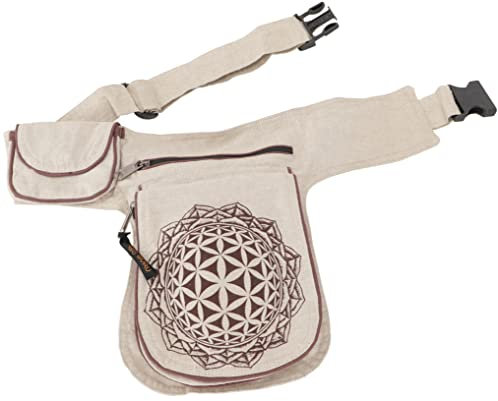 GURU SHOP Stoff Sidebag & Hüfttasche `Flower of Life`, Boho Gürteltasche, Bauchtasche aus Nepal - Beige/braun, Unisex - Erwachsene, Baumwolle, 25x20x4 cm