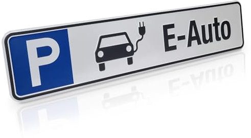 Betriebsausstattung24® Geprägtes Parkplatzschild aus Aluminium in Nummernschildform | E - Auto | KFZ-Kennzeichen | für Ihren Parkplatz & Stellplatz | Originalmaße 52,0 x 11,0 cm