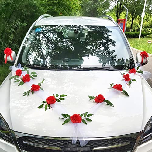 Autoschmuck Hochzeit Motorhaube Saugnapf, Hochzeitsdeko Auto Blumen, Deko Hochzeitsauto Vintage, Auto Hochzeitsschmuck Set mit Autoschleifen Spiegel Blumenstrauß Kunstblumen Rosen Tüll (Weiß-rot)