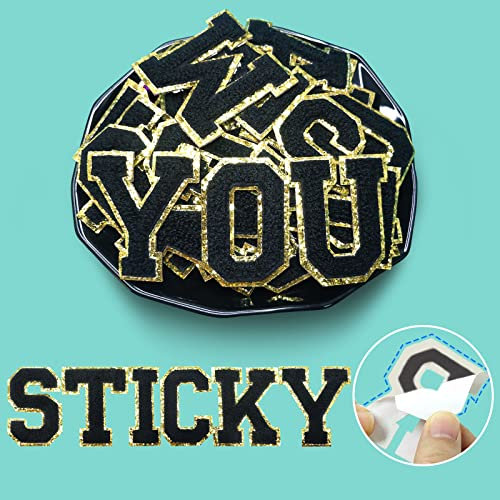Yhsheen 26pcs Self-Adhesive Embroidered Gold Glitter Letter Patches Chenille Letter Repair Iron on Patches Appliques for Fabric, Clothes, Bags Craft Supplies(Midnight Black)