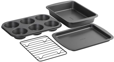 GoodCook 4-Piece Nonstick Steel Toaster Oven Set with Sheet Pan, Rack, Cake Pan, and Muffin Pan, Gray, 4-Piece Set Distributes Heat Evenly, Nonstick Coating, Dishwasher-Safe