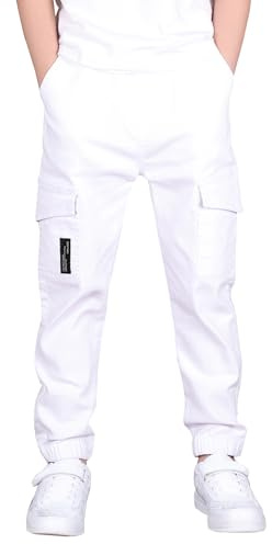 CAMLAKEE Boys Trousers Kids Cargo Jogging Pants White 8-9 Years