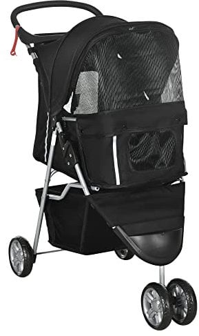 PawHut Pet Travel Stroller Cat Dog Pushchair Trolley Puppy Jogger Carrier Three Wheels for Small Miniature Dogs(Black)