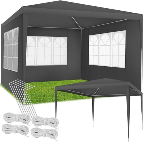 tectake® Tendone per Feste, Padiglione Gazebo Esterno Resistente con 3 Pezzi Laterali, Gazebo da Esterno con Finestre, Gazebo Impermeabile, Resistente ai Raggi UV, 300 x 300 x 250 cm - Grigio