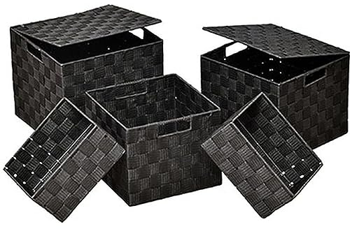 LiKeKa® Aufbewahrungsbox 5-teilig aus Polyester, Aufbewahrungskorb mit Deckel&Tragegriff, Praktische Organizer Boxen Platzsparend&Stapelbar für vielseitige Aufbewahrung (Schwarz)