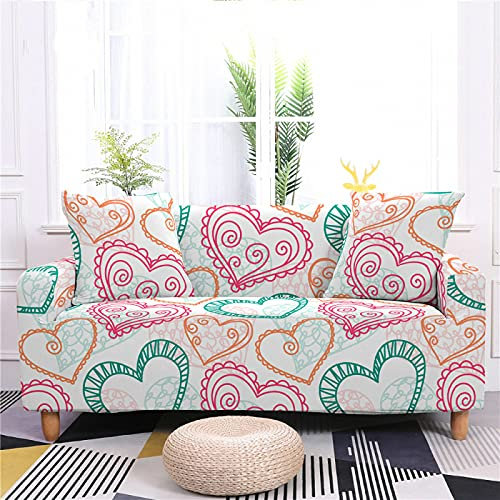 Couch Überzug 4 Sitzer Bunte Liebe Sofabezug Jacquard,Wohnzimmer Protector Stretch,Kratzfester Sofahusse,Abnehmbare Waschbar,Hautfreundlich rutschfest