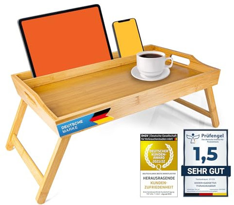 Plateau de petit déjeuner en bambou, Plateau de service Table de lit avec pieds pliables - également utilisable comme lapdesk, table pour ordinateur portable (Deluxe)