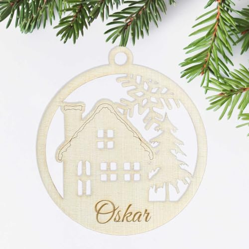 Weihnachten Kugel Anhänger aus natürlichem Birkensperrholz mit Wunschnamen - Personalisierte Weihnachtsbaumkugel, Weihnachtsbaumschmuck - schöne Geschenk (Haus)