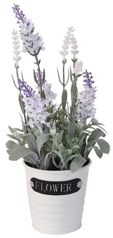 Koopman Artificial Lavender Plants in Metal Planter Pot Faux Lifelike Purple Flowers Fake Small Artificial Plant in Pot for Home Décor Office Bathroom Desk Decoration (White)