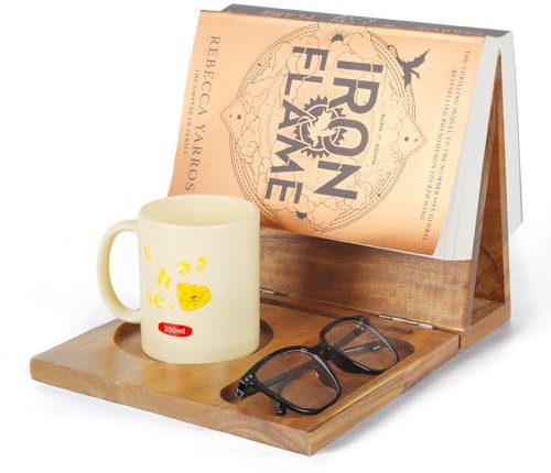 3HQ Buchständer aus Holz für Leseständer, Akazie, dreieckig, Buchhalter mit Tasse, Brille, Stift und Handyhalter, Buchecke, Lesediener für Buchliebhaber, Geschenke