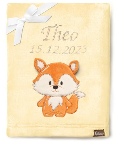 Be Mammy Personalisierte Babydecke mit 3D Applikation Warme Kuscheldecke mit Namen und Geburtsdatum; Perfektes Baby Geschenk; Blanket; Krabbeldecke BE20-280 (Gelb - Fuchs)