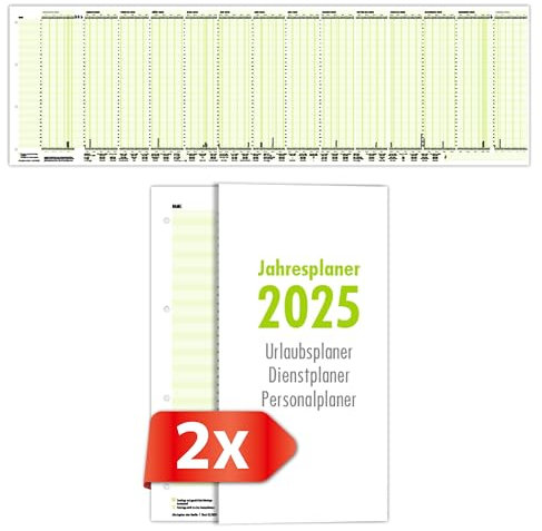 Primus Print – 2 x Jahresplaner Urlaubsplaner Personalplaner Dienstplaner 2025 – faltbar und gefalzt im Format 980x297 mm – Wandkalender 14 Monate inkl. Ferien und Feiertage - 34 Mitarbeiter (2)
