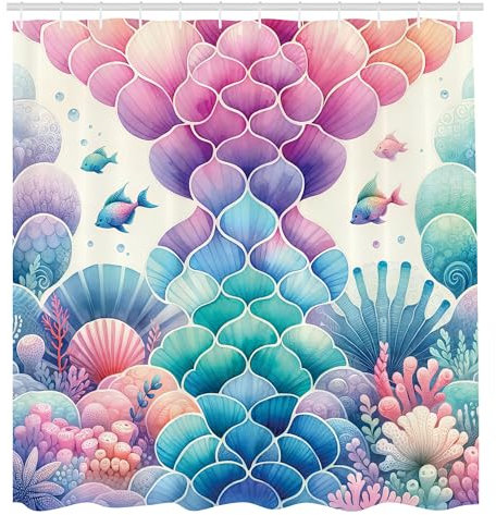 ABAKUHAUS Costiero Tenda da Doccia, Coda di sirena con motivo nautico, Tessuto Set di Decorazioni per il Bagno con Ganci, 175 x 200 cm, Verde Giada Arancione
