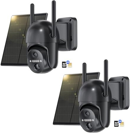 NUASI 4G LTE Überwachungskamera Aussen Akku mit SIM Karte & SD Karte【2 STK】, 2K Kabellos Solar PTZ IP Kamera Outdoor, Farb-Nachtsicht, 355°/100° Schwenkbar, PIR Erkennung, 2-Wege-Audio, IP66