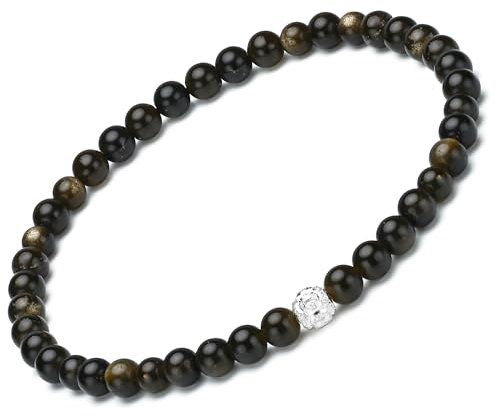 Apocalyptic-K Ladies Natural Gemstone Armband, 5MM 925 Sterling Silber Rhombisch, 4MM Spinell Perlen Armband für Frauen (Gold-Obsidian,4MM)