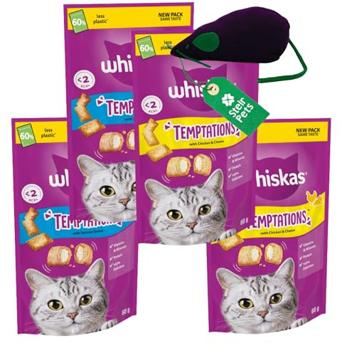 Temptations Cat Treats (2x Chicken, 2x Salmon) & Stelr Pets Mouse | Low Calorie Cat Treats Bundle: 2x60g Chicken and Cheese, 2 x Salmon Flavour, Bundle with Stelr Pets Catnip Toy Mouse
