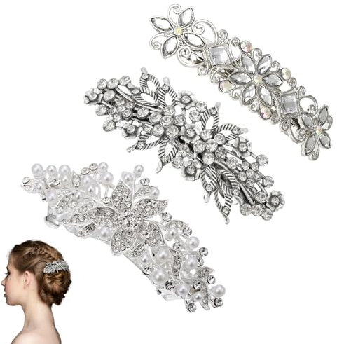 FUIPVGI 3 Pezzi Fermagli per Capelli Strass, Fiore Copricapo Matrimonio, Fermaglio Capelli Donna Ragazze Pinze per Capelli di Con e Cristalli, Accessori Capelli Elegante per Feste Matrimoni (Argento)