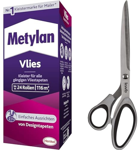 Metylan Vlies, Tapetenkleister für Vliestapeten mit glatter oder strukturierter Rückseite & kwb Tapezier-Schere aus Edelstahl, abgewinkelt, 280 mm Gesamtlänge