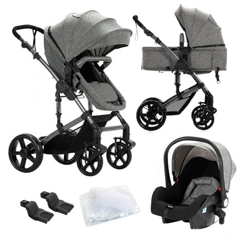 Nine point nine Kinderwagen 3 in 1, Kinderwagen Set mit Umkehrbarem Doppelschiebemodus, Kombikinderwagen 3 in 1 mit Großer Bequemer Babywanne, Kinderwagen Rahmen Aluminiumlegierung (588 Grey)