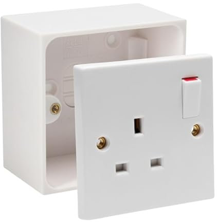 Single Switched Socket 1Gang 13Amps White Electrical Outlet - Compatible with Single 25/35/45mm Pattress Back Box Surface Mounted 1 Gang (2, SET with 45mm Box)