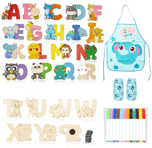 MUSUNFE 26 Wooden Magnet Creativity Arts & Crafts Toy for Boys Girls Birthday Party Gift Painting Kit for Kids, Decorate Your Own Painting Gift for Boys Girls Age 3-8 Year Old (26 Letters)