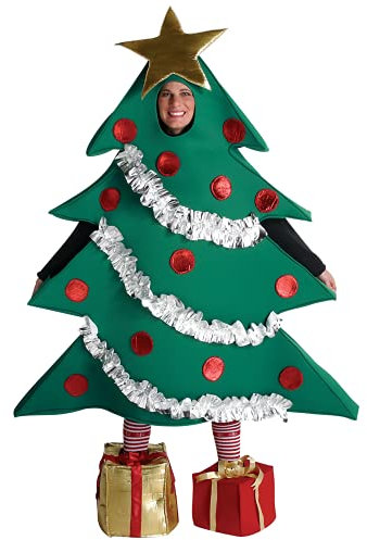 Carolilly Costume Déguisement d'Arbre de Noël Costume Noël Adulte Amusant avec Décorations Étoile Dorée, Boules Rouges et Cadeaux, Taille Unique (Vert, Taille unique)