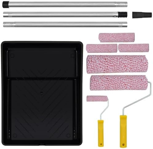 Paint Roller Set, 10Pcs 9-inch Paint Roller and Tray Set with Extension Pole, Paint Roller Set Long Handle, Paint Tool Kit for Walls and Ceilings