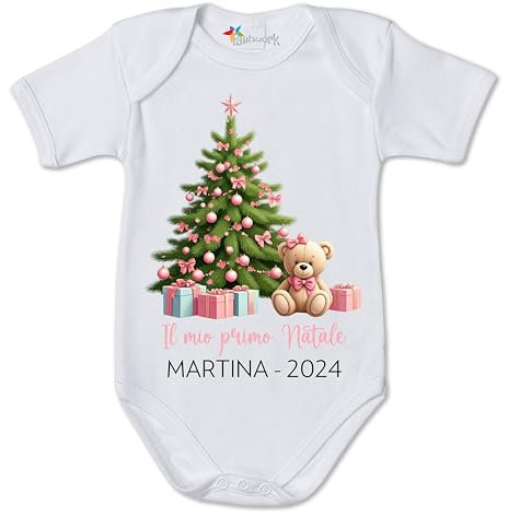 fashwork Body Natale PERSONALIZZABILE con nome neonato divertente - Il mio primo Natale - Orsetto Rosa - Idea Regalo - Christmas - Regalo Natale Natalizio