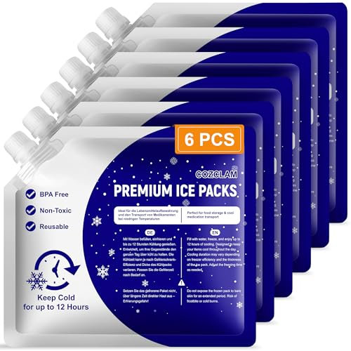 COZCLAM 6er Set Kühlakkus für Kühltasche, Kühlbox & Kühlrucksack, Wiederverwendbar Kühlelemente mit Langer Kühldauer bis zu 12 Stunden, Einfache Lagerung, Auslaufsicher Kühlpack für Camping&Picknick