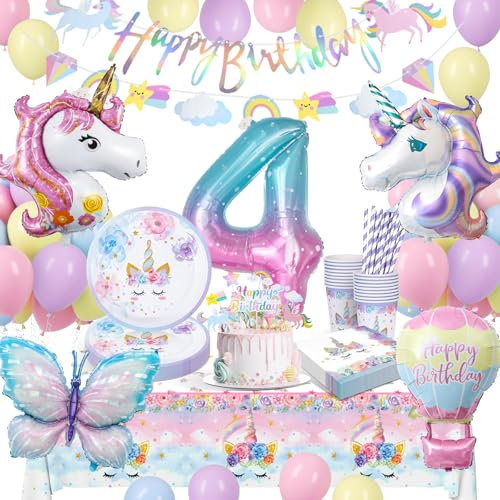 yosiio Décorations de fête licorne pour 4e anniversaire - Vaisselle de fête licorne pour enfants avec ballons licorne pour filles de 4 ans - Fournitures sur le thème de la licorne - 16 invités