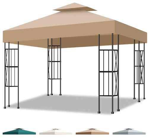 Inoamity Toit de Rechange 3x3m pour Pavillon de Jardin, Imperméable & Anti-UV Housse de Remplacement à Double Couche avec Ventilation, Couverture Amovible pour Jardin, Terrasse, Camping et Plage, Kaki