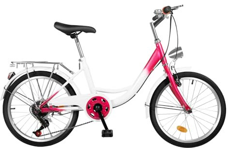 Vélo de ville pour enfant de 20 , 6 vitesses, rose, blanc, avec lampe, vélo de ville avec lumière, convient pour 145 à 165 cm