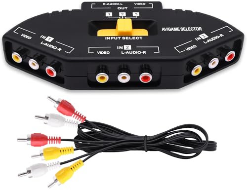 YARCHONN RCA AV Audio Video Switcher Splitter 3 Way Audio Video AV RCA Switch Game Selector Box Splitter 3 en 1 Out Composite Converter Switcher con cable AV para XBOX DVD PS3 HDTV