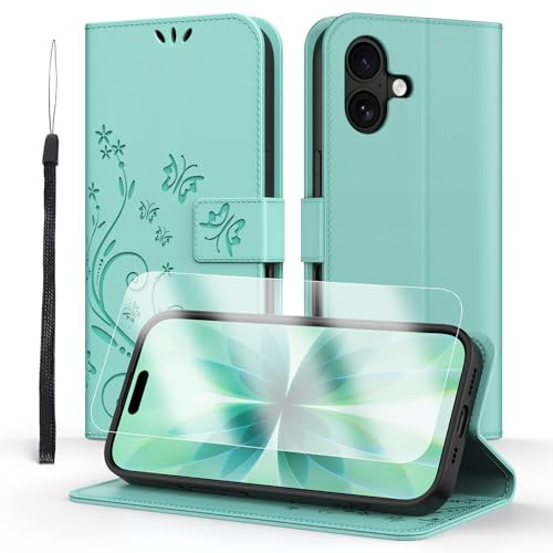 Anshow Lederhülle für iPhone 17 Hülle und Schutzfolie, Handyhülle für iPhone 17, Flip Wallet Hülle Leder Tasche Schutzhülle, Minzgrün