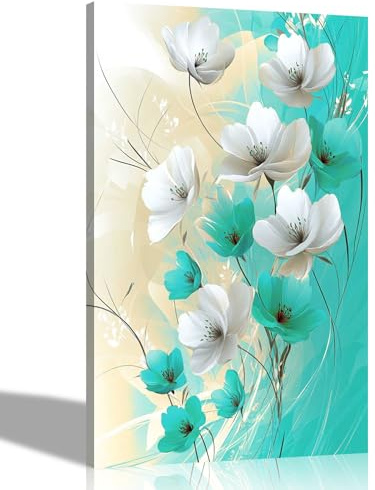 Artley Prints - Teal White Abstract Flowers Modern Art Floral Canvas Prints Art for Living Room, Conservatory, Hallway 76 x 50cm (30 x 20 inches)