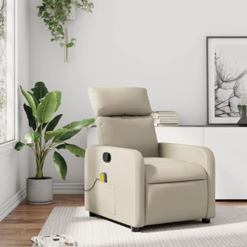 SKTQYQO Massagesessel aus cremefarbenem Kunstleder mit 6 Massagepunkten und Vibration, manuelle Neigungsfunktion um 135 Grad, stabiler Rahmen aus Holz und Metall