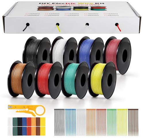 LightingWill 20 AWG (0.5 mm²) Silicone Wire Kit, 8 Colours, 15 m/49.2 ft per Roll, Flexible Tinned Copper Stranded Cable with Heat-Shrink Tubes, Cable Ties and Wire Cutter