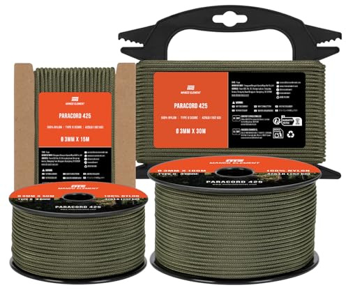 Manco Element Paracord 3mm 425 15m Cuerda Nylon 3 Hebras Tipo II Cordino | Negro, 100% Nylon, 192kg (425lbs) Capacidad de Carga, Ideal para Al Aire Libre, Camping, Supervivencia, Bricolaje, Bobina