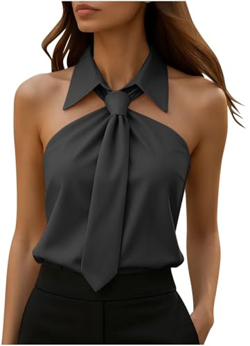 ZWDC Damen Ärmellos Bluse Neckholder Oberteil Tanktop Hemdkragen | Elegantes Krawatte Design, Schicker Kragen, Schulterfrei, Geeignet für Business, Party, Sommer und Alltag