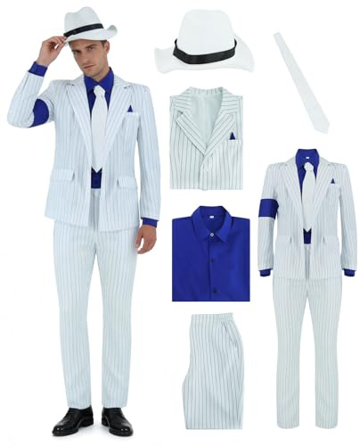Poboola Herren Kostüm im Popstar-Stil weiß gestreifter Anzug mit blauem Armband 80er 90er Jahre Look für Popstars Bühne Halloween Party