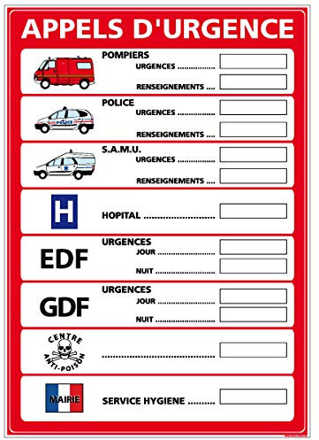 Panneau Appels d'urgence - Protection Anti-UV - Dimensions 210x300 mm - Plastique Rigide PVC 1,5 mm