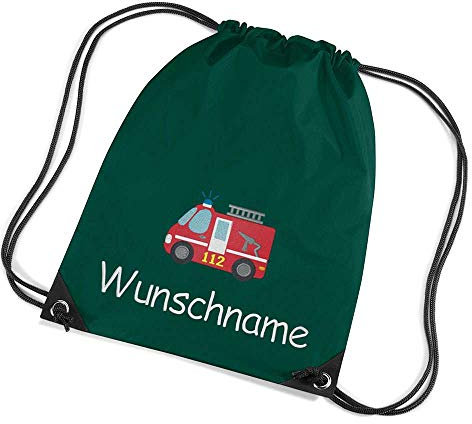 Feenstickerei Turnbeutel Feuerwehr bestickt mit Namen personalisiert flaschengrün Sportbeutel Schuhbeutel Schwimmbeutel Wäschebeutel 45x33 cm
