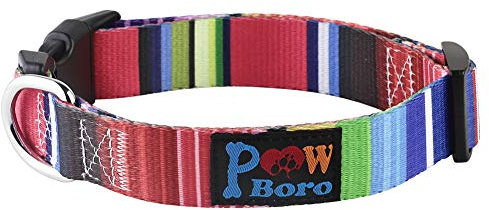 Powboro Hundehalsband mit mehrfarbigem Streifendesign, Breite 2 cm x Halsumfang 25 - 40 cm, verstellbare Halsbänder für kleine, mittelgroße Hunde, Größe M, 7 farbige Streifen