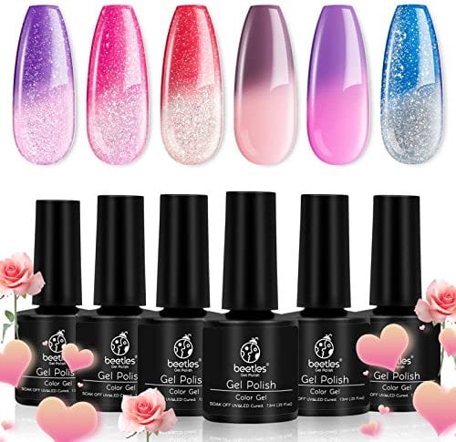 Beetles Gel Nail Polish Set - 6 Pcs Temperature Colour Changing Gel Phantom Chameleon Polish Set Glitter Pink Blue Purple Red Gel Polish Soak Off UV LED Nail Lamp Nail Art Manicure Kit