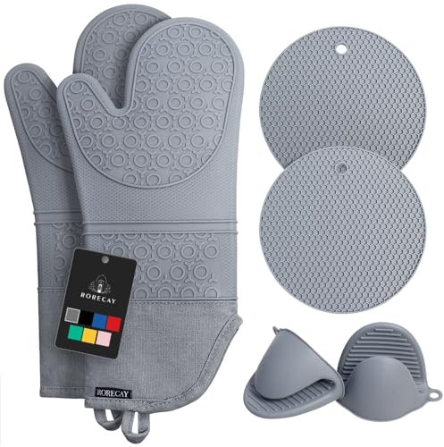 Rorecay Ofenhandschuhe & Topflappen Set - Extra Lange Küchenhandschuhe aus Silikon mit Mini-Schnapphandschuhen und Topflappen für die Küche zum Backen, Kochen oder Grillen 6er-Pack, Grau
